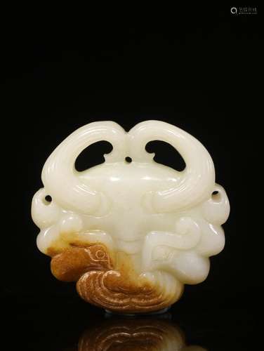 Hetian jade carved nephrite beast face grainSize: 1.3 cm thi...