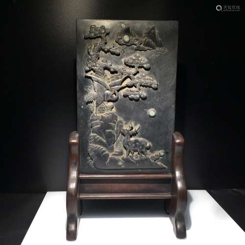 The stone: "four screen inkstone crane deer with spring...