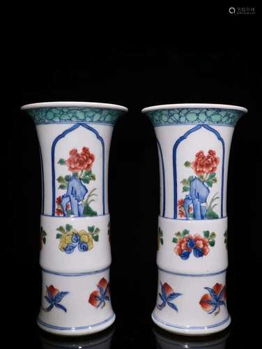 Flower vase with a pair of blue and white pastel peach, deco...