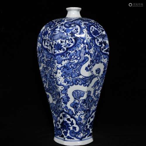 Blue and white longfeng grain eight Fang Mei bottle, 26 cm h...