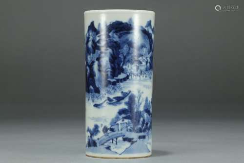 Brush pot, "" blue and white landscape charactersS...