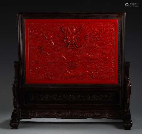 , red sandalwood carved lacquerware dragon poems plaque53 57...