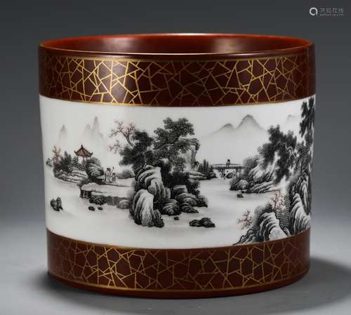 Brush pot, youligong ink landscapeSize, 17.8 21.5 cm in diam...