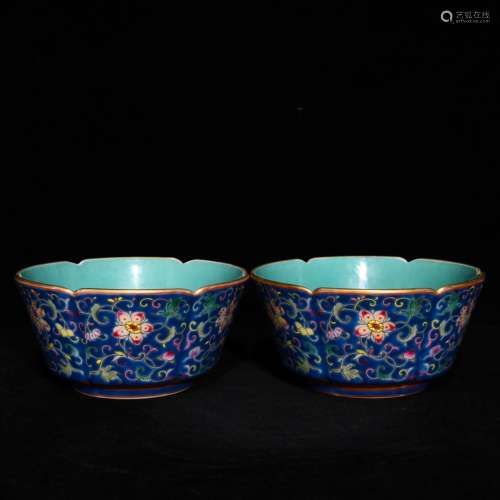 Blue and pastel flowers 7.3 x15 grain six arrises bowl
