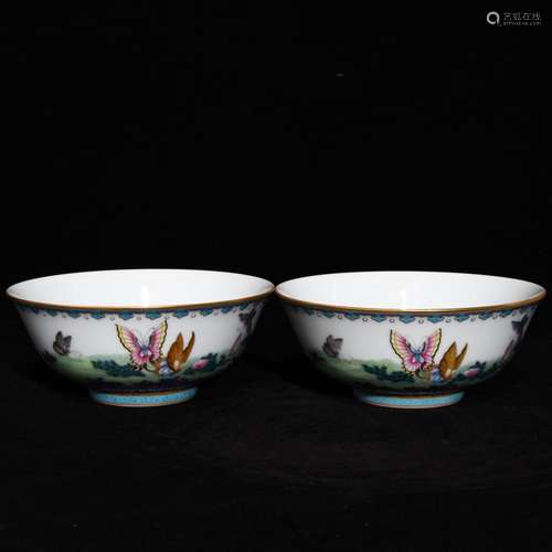 Pastel flower butterfly green-splashed bowls, high caliber 1...