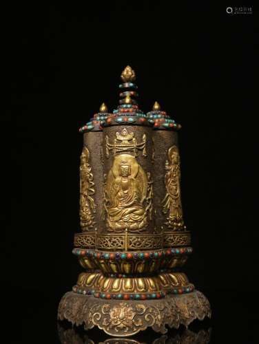Level. ..Silver and gold chisel carved flowers of Buddha gra...