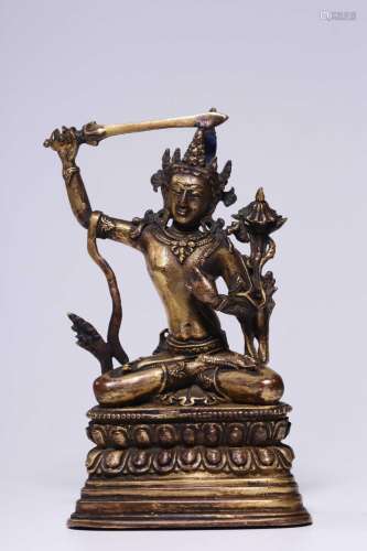 , copper manjusri bodhisattva's statue13 cm high, 7.3 cm...