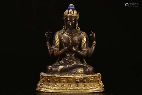 Four arm guanyin cave: copper and gold17 cm long and 13.5 cm...