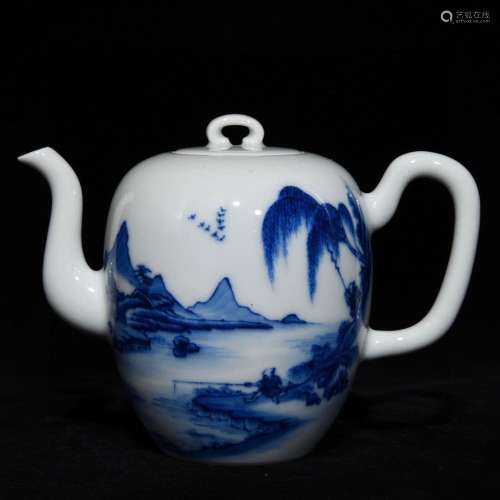 Blue and white landscape character lines pot, 10.5 14.2 cm i...