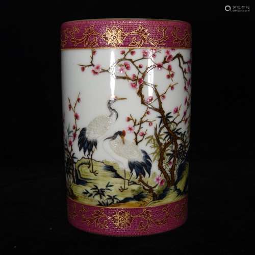 Colored enamel painting of flowers and grain brush pot, 15.2...