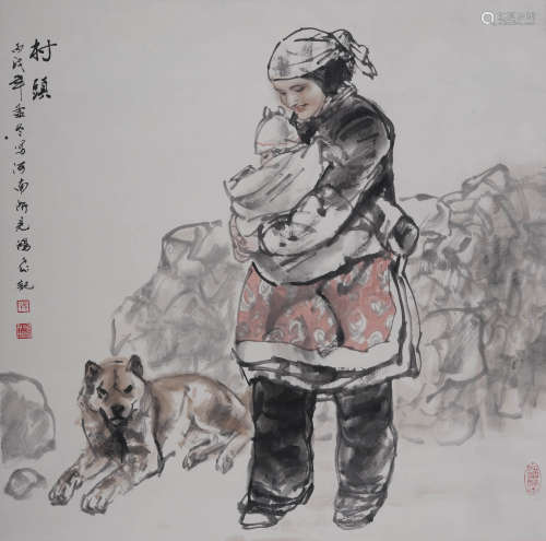 张鸿飞(b.1950)  村头 设色纸本  镜心