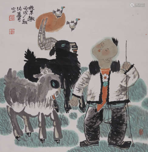 张万臣(b.1962)  牧羊趣 设色纸本  镜心
