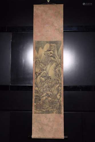 : "Zhao Ziang" snow mountain figure silk scroll ve...