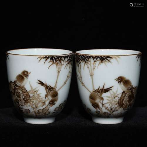 Color ink painting of flowers and grain cup, 6 diameter 5.5 ...