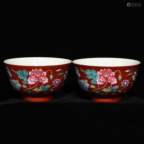 High vanadium red pastel flowers green-splashed bowls, diame...