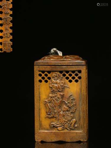 . Boxwood hand-carved double-sided gung ho and two fairy, ba...