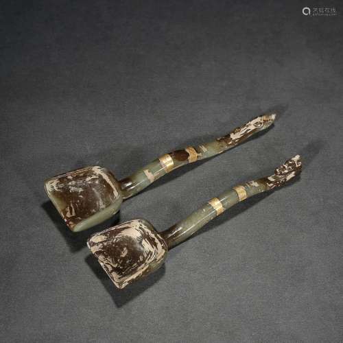 Ancient: hetian jade and gold longnu shovel handle a pairSpe...