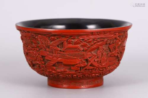 Bowl, carved lacquerware charactersSize, diameter of 16.5 9 ...