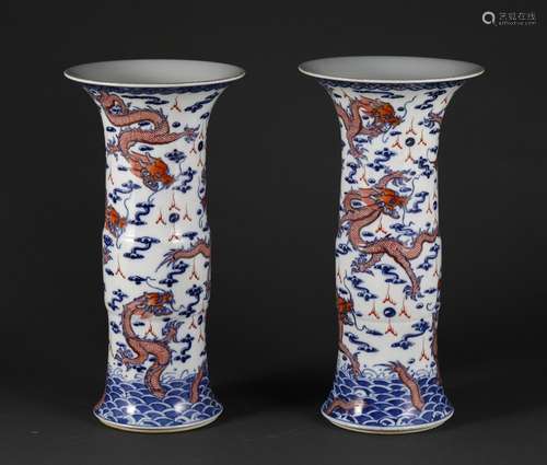 , flower vase with a pair of blue and white youligong red dr...