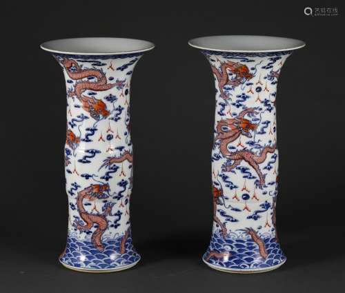 , flower vase with a pair of blue and white youligong red dr...