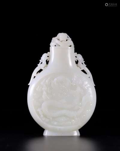 Hetian jade dragon grain bottle, hotan white jade carved mon...