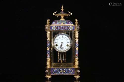 , old cloisonne mechanical clock, wire inlay enamel craft, w...