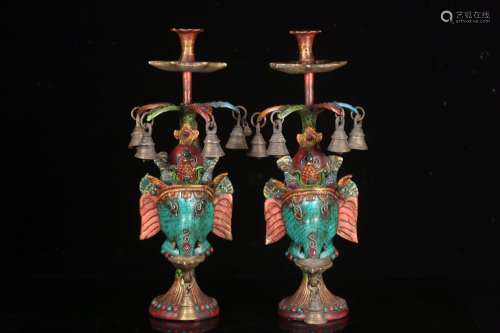 Later,Buddhism, copper bells candlestick a pair of coloured ...