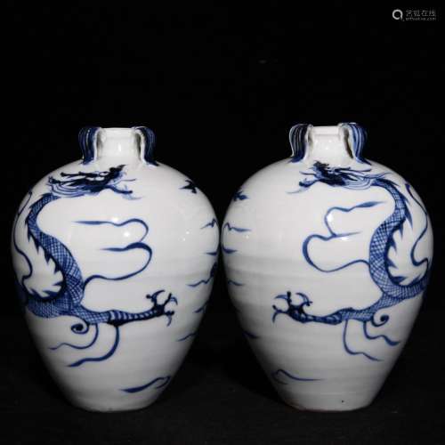 Blue and white dragon of quaternary mei bottles of 14 x11