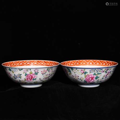 Pastel flowers green-splashed bowls, 6 high caliber 15.2,