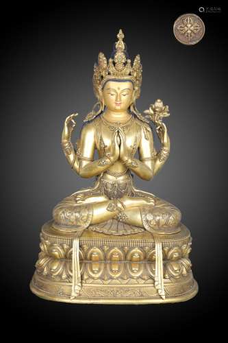 Precision casting copper foetus gold four arm guanyin caveSi...