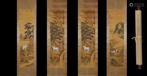 Eight jun lang shining figure silk scroll (four screens) sin...