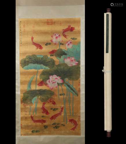 Chen hongshou lotus pond boring silk scroll. 88 * 170