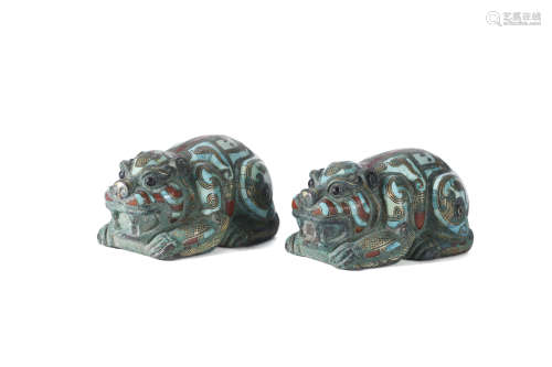 A Pair Of Gold And Silver Inlaying Bronze Mythical Beasts