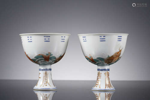 A Pair Of Falangcai Glaze Eight Trigrams Stem Cups