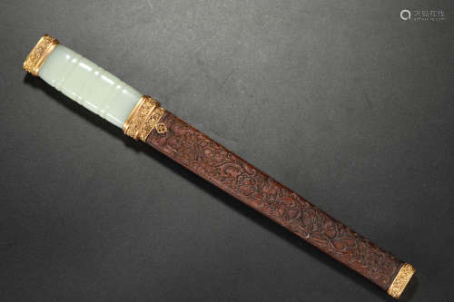 A Jade Inlaid Sandalwood Blade