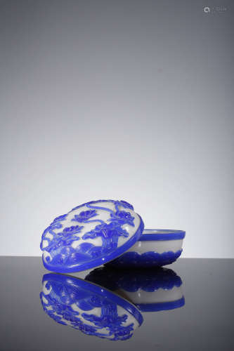 A Blue Overlay White Glassware Lotus Box And Cover