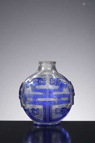 A Blue Overlay White Glassware Dragon Snuff Bottle