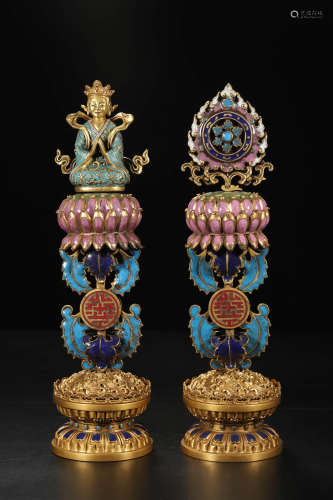 A Pair Of Chinese Gilt Bronze Cloisonne Enamel Falang Decora...