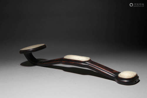 A Jade Inlaid Siam Wood Ruyi Sceptre