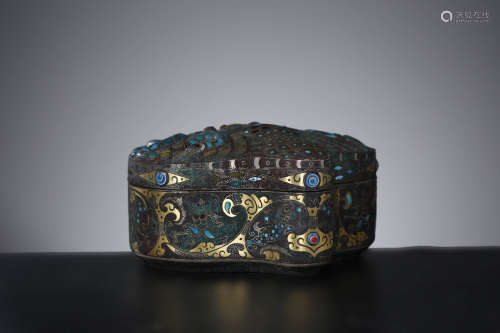 A Turquoise, Gold And Silver Inlaying Bronze Box And Cover