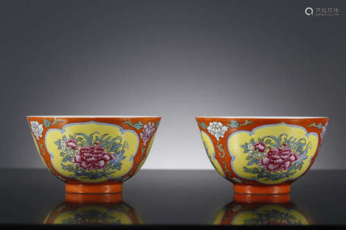 A Pair Of Coral-Red Glaze Peony Bowls