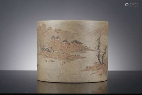 A Zisha Figure And Story Brush Pot,
Japanese Wood Box