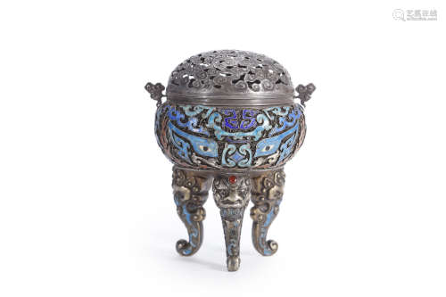 A Chinese Silver Inlay Mythical Beast Mask Tripod Censer
