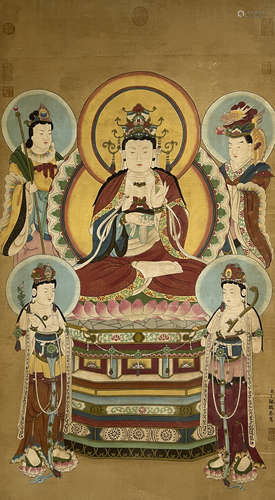 A Chinese Guanyin With Attendants Painting, Ink And Color On...