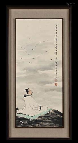 A Chinese Figure Painting On Silk, Framed, Fu Baoshi Mark