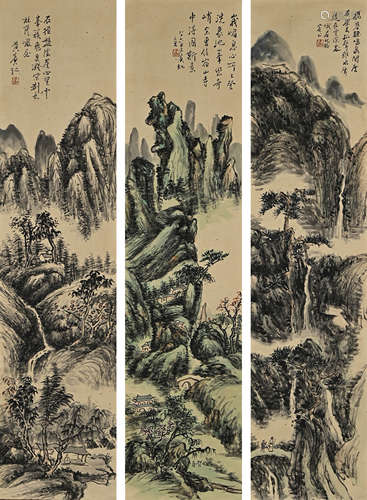 A Chinese Landscape Painting, Three Hanging Scrolls, Huang B...