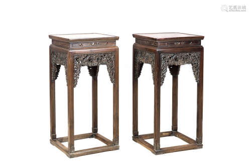 A Pair Of Sandalwood Cloud And Dragon Floral Stools