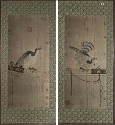 A Chinese Eager Painting, Double Screen, Natural Worn