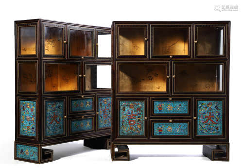 A Pair Of Cloisonne Enamel Inlaid Rosewood Cabinets