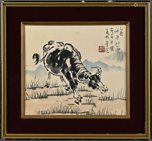 A Chinese Herding Painting Framed, Xu Beihong Mark